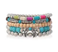 Jascatin 5 braccialetti elasticizzati in legno turchese con perline in stile bohémien, impilabili, per donne e uomini, Misura unica, Metallo, Nessuna pietra preziosa