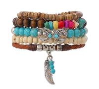 Jascatin 5 braccialetti elasticizzati in legno turchese con perline in stile bohémien, impilabili, per donne e uomini, Misura unica, Metallo, Nessuna pietra preziosa