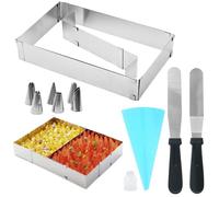 JASFLY Cornice da forno rettangolare, regolabile, lunghezza 28-53 cm, anello per torta, riutilizzabile, in acciaio inox, rettangolare, con divisore, spatola, set di ugelli decorativi per torte, pizze