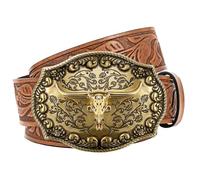 JasGood Cintura da cowboy in pelle occidentale per uomo donna longhorn fibbia cowgirl cintura floreale incisa goffrata vintage unisex cintura per jeans, marrone, 110cm: Fit Taille Größe 87cm-96cm