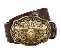 JasGood Cintura da cowboy in pelle occidentale per uomo donna longhorn fibbia cowgirl cintura floreale incisa goffrata vintage unisex cintura per jeans, marrone scuro., 110cm: Fit Taille Größe