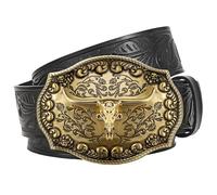 JasGood Cintura da cowboy in pelle occidentale per uomo donna longhorn fibbia cowgirl cintura floreale incisa goffrata vintage unisex cintura per jeans, Nero , 140cm: Fit Taillengröße 120cm-130cm