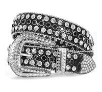 JasGood Cintura da donna in pelle con strass, cintura in pelle per jeans, B-nero con fibbia argento, 115 cm: Anzug für Hosengröße 81cm-95cm