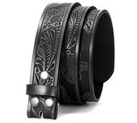 JasGood Cintura Western per uomo e donna, in pelle, senza fibbia, cintura intercambiabile, con incisione floreale, da cowboy in rilievo, larghezza 38 mm, 1-cintura in pelle nera/Senza fibbia,