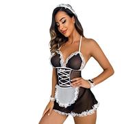 JasmyGirls Maid Outfit Cosplay Lingerie Women Halloween French Maid Costume Sissy Sheer Mesh Dress Anime Naughty Role Play Slutty