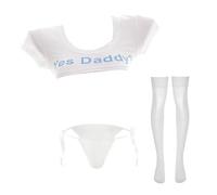 JasmyGirls Set Lingerie da Donna Yes Daddy con Top Corto Giapponese e Mutandine con Calza, Bianco, XS/M