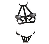 JasmyGirls Strass Cuore Lingerie 2 Pezzi Cinghie Vestito Cute Cut Out Reggiseno e Panty Set Biancheria Intima Esotica, Nero , L