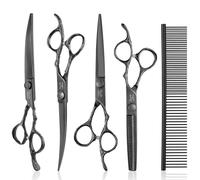 JASON Dog Grooming Scissors Set Professional 6 in 1 Dog Shears Kit - 6.5" Thinning, 7" Straight, 7" Up-Curved, 7" Down-curved Shears and Comb for Dog Cat Pet with Adjustable Screw (Black)