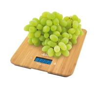 JATA Hogar HBL0310 - Bilancia da cucina digitale, 15 kg/1 g, superficie in bambù sostenibile, alta precisione, LCD retroilluminato, tara, timer, orologio, 5 unità di misura