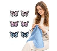 JAUBCN Ferma Maglie Farfalla, 6 Pezzi, Silicone, 3 Colori | Sei cappucci a farfalla rosa, viola e blu coprono le punte e aiutano a trattenere le maglie sui ferri durante le pause.