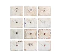 JAUBCN Mini Buste Vintage, 12 Pezzi, 7 × 10 cm | Dodici piccole buste di carta con diversi motivi postali per biglietti, note, buoni e confezioni regalo creative.