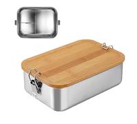 Jauhmui Bento - Contenitore per il pranzo per adulti/bambini, in acciaio inox, con 2 scomparti/3 scomparti, in metallo con coperchio in legno, senza BPA, per la colazione (1200 ml, 3 scomparti)