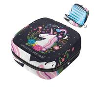 JAVENPROEQT 1 borsa per assorbenti igienici, grande organizer riutilizzabile per il primo ciclo mestruale, per ragazze e donne, 17 x 17 x 12 cm, motivo: unicorno magico con fiori e luna