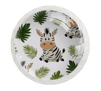 JAVENPROEQT 12 pomelli per armadietti, foglie di palma con zebrato animale su sfondo bianco, rotondi in cristallo per cassetti, comò, guardaroba, maniglie per casa, cucina, 3,5 x 2,8 cm