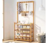 JAVPTAV Appendiabiti con portascarpe, ganci rimovibili, ripiani for scarpe e panca portaoggetti, albero da ingresso indipendente for corridoio, ufficio, soggiorno, 10 ganci inclusi(46.5 x 9 x 42in)