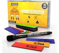 JAWA Etichette magnetiche per la scrittura - 75 etichette magnetiche con penna - Pratici magneti scrivibili in 5 colori - Strisce magnetiche autoadesive per superfici metalliche