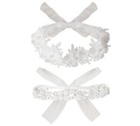 Jawfait Confezione da 2 eleganti fasce per capelli da 45,7 a 50,8 cm, con fiori bianchi per battesimo, in pizzo elastico e morbido con graziose perle in tulle (doppia fila di piccoli pizzi)