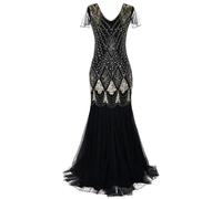 JAWSEU Abito da sera lungo da donna, anni '20, con flapper Great Gatsby anni '20, con paillettes, abito da sera lungo, da cocktail, da ballo, anni '20, Oro nero., L