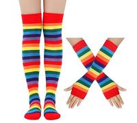 JAWSEU Calze alte al ginocchio da donna, con strisce colorate arcobaleno, guanti senza dita, set di calzini lunghi al ginocchio alti fino alla coscia per donne e ragazze, per feste e cosplay, Tipo 1,