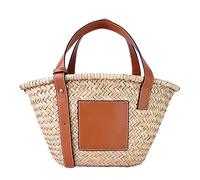 JAYAVENTURA Borsa a secchiello in paglia da donna, con cinturino in pelle sintetica e manico in tessuto cavo, borse in paglia, M, Tote