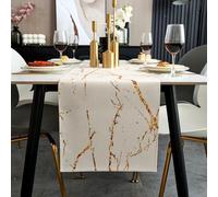 Jayusaror Runner da tavolo Autunno Bianco e Oro Moderno Runner Tavola in lino Marmo Dorato Textured Arte Astratta Lavabile Tavola per Caffè Sala da Pranzo Comò Tavolino Finale 33 x 183 cm