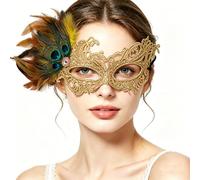 jayuwe Maschere in pizzo da donna, vintage, veneziana, mezza maschera con ciondolo a forma di piuma, per servizi fotografici di feste e matrimoni