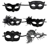 JazRvr Set di 6 mascherine veneziane da uomo, in maschera, per carnevale, Halloween, in maschera, travestimento, 6 mascherine viso con bigiotteria laterale, elegante nero e motivo floreale