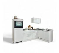 Jazz 6 Cucina angolare moderna senza elettrodomestici in bianco lucido, grigio metallizzato, ampio angolo cottura a forma di L con ampio spazio di archiviazione, 260 x 200 x 60 cm (larghezza x altezza