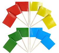 JBCD 200 stuzzicadenti con bandiere rosse e gialle e verdi, 4 decorazioni per cupcake in tinta unita, per cocktail e stuzzicadenti con bandierine piccole per cupcake