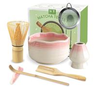 JBER Matcha Kit 7 Pezzi - Frullino Matcha in bambù, Ciotola Matcha con beccuccio, Filtro, Supporto per Frullino, Cucchiaio e supporto, Set Matcha Giapponese per Amanti del Matcha (Rosa Sfumato)