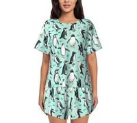 JBYJBX Set pigiama da donna con pinguini carini, in cotone, a maniche corte, con top e pantaloncini, morbido abbigliamento da casa, Nero, S
