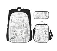 JBYJBX Zaino scolastico con stampa di strumenti e artisti e piccoli uccellini, spallacci regolabili, borsa per il pranzo e matite, set 3 in 1, nero, Taglia unica