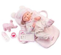 JC TOYS - Bambola La Newborn Appena Nata da 38 cm, con Corpo Morbido, Include Pagliaccetto, Sacco e 5 Accessori, Rosa, Disegnata in Spagna da Berenguer, +2 Anni