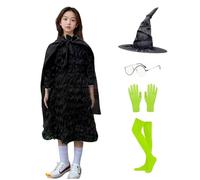 Jcasbdn Costume da strega per ragazze, set di costumi da stregone per bambini comprende abiti, cappello, guanti, calzini e occhiali per la festa di compleanno di Halloween Cosplay, 140 cm