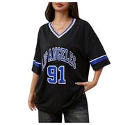 JCNAGXY T-Shirt Oversize da Donna con Lettera Grafica con Scollo a V e Top a Righe Larghi con Spalle Scoperte