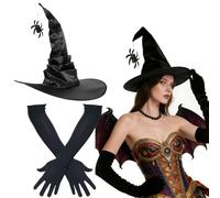 JCOTCL Set di cappelli da strega e guanti da donna, con ciondolo a ragno e guanti in raso da 45 cm, elegante accessorio per costume per Halloween e karneva Carnevale, feste, teatro ed eventi da bar