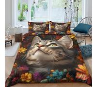JCOUSDAEO Cat in flowersSet Di Copripiumino morbida Set di 3 Pezzi stampa 3D cerniera nascosta Artistic animal portrait copripiumino incluso federe aiosa for bambini Single（140x200cm）