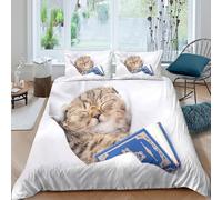 JCOUSDAEO Cute kitten readingSet Di Copripiumino microfibra 3 pezzi motivo 3D con cerniera Cozy bedtime scene copripiumino con federe traspirante ultra morbido for coppie Single（135x200cm）
