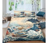 JCOUSDAEO Ocean Wave Artcopripiumino microfibra 3 Pezzi stampa di 3D cerniera nascosta Japanese Ukiyo-e Style Set Di Copripiumino con federe per cuscini traspirante for adulti Single（140x200cm）