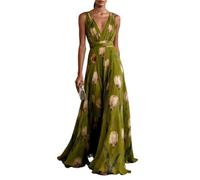 JCVBN Abito da sera da donna con scollo a V profondo senza maniche con stampa a tulipano, linea a trapezio, vita impero, Verde, L