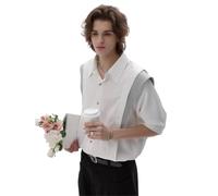 JCVBN - Camicia da uomo a maniche corte con colletto a punta, spalle scese, design a blocchi di colore, vestibilità larga, con bottoni sul davanti, alla moda, casual, nero e bianco, bianco, L