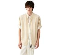 JCVBN Camicia da uomo a maniche corte con colletto alla coreana, misto lino, finto strato, orlo bicolore con bottoni sul davanti, vestibilità standard, casual, estiva, blu chiaro, Albicocca, L