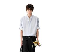 JCVBN Camicia da uomo a maniche corte con colletto alla coreana, misto lino, finto strato, orlo bicolore con bottoni sul davanti, vestibilità standard, casual, estiva, blu chiaro, Blu, L