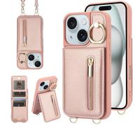 Jcxtrombulous Cover per iPhone 12/12Pro RFID Custodia per telefono con porta carte di credito per Portafoglio cerniera cordino Ring portafoglio donna-Rosa