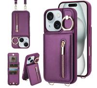 Jcxtrombulous Cover per iPhone 13/14 RFID Custodia per telefono con porta carte di credito per Portafoglio cerniera cordino Ring portafoglio donna-lavanda