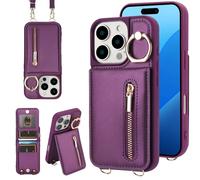 Jcxtrombulous Cover per iPhone 13 Pro Max RFID Custodia per telefono con porta carte di credito per Portafoglio cerniera cordino Ring portafoglio donna-lavanda