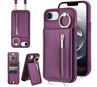 Jcxtrombulous Cover per iPhone 16E RFID Custodia per telefono con porta carte di credito per Portafoglio cerniera cordino Ring portafoglio donna-lavanda