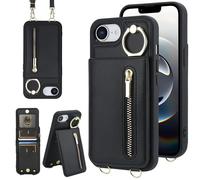 Jcxtrombulous Cover per iPhone 16E RFID Custodia per telefono con porta carte di credito per Portafoglio cerniera cordino Ring portafoglio donna-Nero