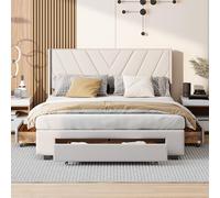 JDEFARF Letto baule 140 x 200 cm con ripostiglio, letto matrimoniale in tessuto beige, testiera elegante, rete robusta, 4 cassetti, comfort e stile per camera da letto adulto e adolescente (beige, 140