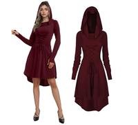JDFAIJEAL Abito gotico medievale da donna, rinascimentale, maxi abito con cappuccio, costume da elfo, cosplay, Halloween e Carnevale (bordeaux, M)